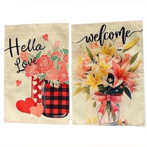 New Floral Welcome and Hello Love Garden Flags 18x12.5” Roses Hearts